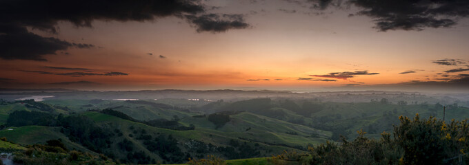 Stunning Matakohe New Zealand sunset panorama