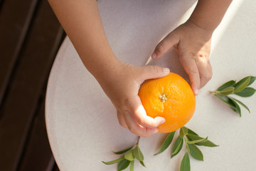 Kid's hands holding an orange