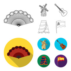 Fan Spanish, mill, guitar, skirt for national Spanish dances. Spain country set collection icons in outline,flat style vector symbol stock illustration web.
