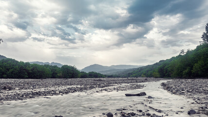 Riverbed of a fast mountain river