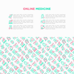 Online medicine, telemedicine concept with thin line icons: pill timer, ambulance online, medical drone, tracker, mHealth, messenger, check symptomps. Modern vector illustration, print media template.