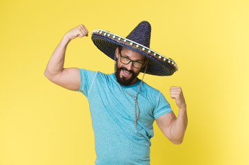 Mexican concept. Happy man smile in mexican hat. Mexican man in sombrero hat. Mexican party celebration