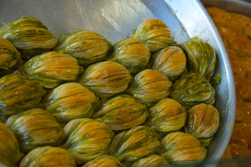 assorted baklava in turkish bakery in gaziantep, capital of baklava