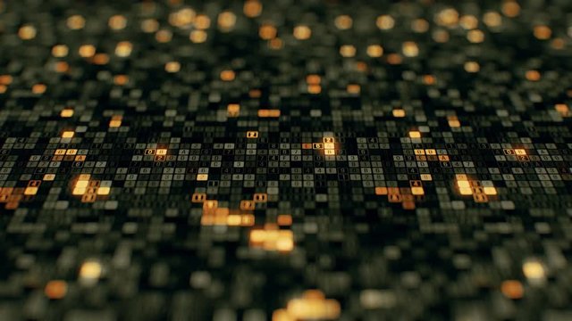 Technologic background with representation of hexadecimal code digits and letters in different configurations on black and gold cloud storage dolly shot abstract seamless loop animation