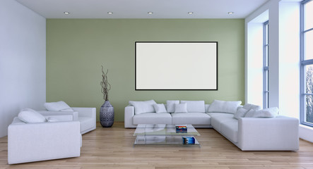 Modern bright interiors apartment with mockup poster frame 3D rendering illustration