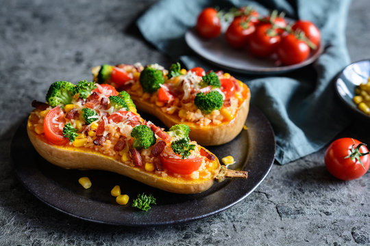 Butternut Squash stuffed with rice, bacon, broccoli, tomato, corn and cheese