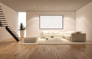 Modern bright interiors apartment with mockup poster frame 3D rendering illustration