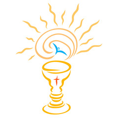 A bowl for the Eucharist, a flying bird and a shining light