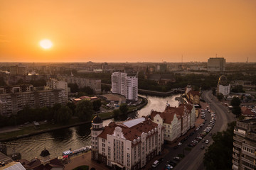 Naklejka premium Aerial: Sunset over Kaliningrad city