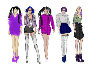 Sketch. Fashion Girls on a white background. Vector illustration.