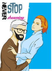Fashionable guy and girl in the arms. Love and fashion illustration