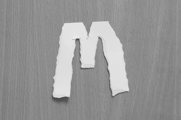 alphabet letters recycled torn paper craft on gray background (M)