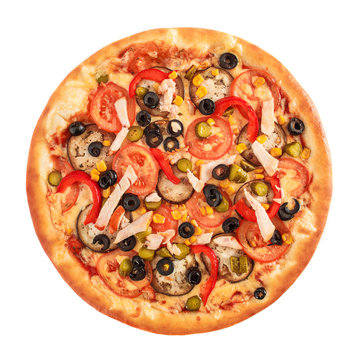 Pizza with eggplant, ham, red pepper, tomato,cucumber, olives and corn isolated on white bacckground. Top view