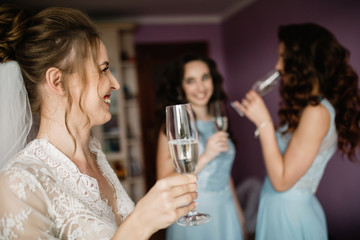 Girls Party. Beautiful Women Friends Celebrating And Drinking Ch