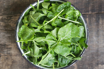 Fresh rucola salad in a bowl on the wooden background