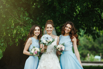 Bride with bridesmaids on the park on the wedding day. 