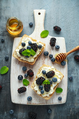 Fresh sweet Blackberry, Blueberry bruschetta, toast with cottage cheese, honey in a white board.