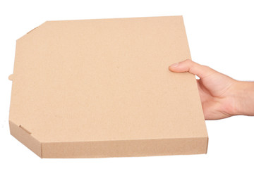 box with pizza in hand on white background isolate