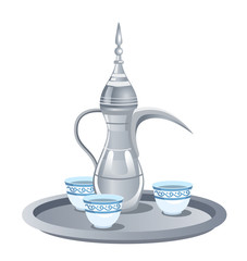 Traditional metal silver arabic coffee set with dallah, three cups.