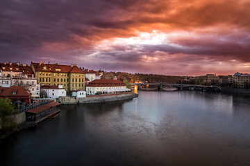 Romantic views of Prague from Charles Bridge at sunrise