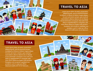 Travel to asian countries. Collage of photos on a wooden surface. Horizontal web banners with place for text. China, Indonesia, Bali, South Korea, Vietnam, Taiwan. Vector flat illustration.