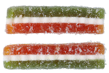 Long candy from layered marmalade sprinkled with sugar