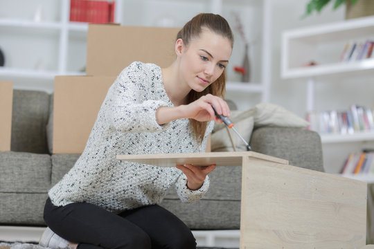 Woman Assembling Furniture At Home