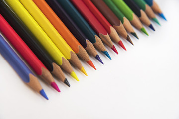 Color pencils lie diagonally on a white background