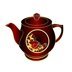 Teapot of black and red porcelain  gold ornament heart  and leaves on a white background vintage vector illustration editable hand draw