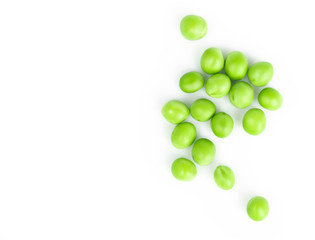 Closeup top view fresh green peas isolated on white background, healthy food concept
