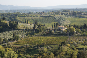 Fototapeta na wymiar Toscane landscape with fields and mountaines in background
