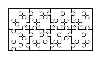 32 white puzzles pieces arranged in a rectangle shape. Jigsaw Puzzle template ready for print. Cutting guidelines on white