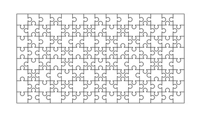 120 white puzzles pieces arranged in a rectangle shape. Jigsaw Puzzle template ready for print. Cutting guidelines on white