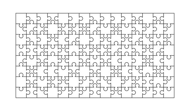 120 white puzzles pieces arranged in a rectangle shape. Jigsaw Puzzle template ready for print. Cutting guidelines on white