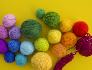 ball for knit rainbow color a yellow background.