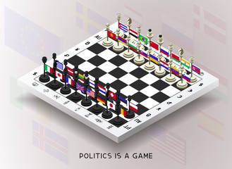 Policy. The policy is presented in the form of chess. Chess with flags of different countries. The pieces are moved to create different combinations and positions (checkmate, zugzwang, stalemate, chec