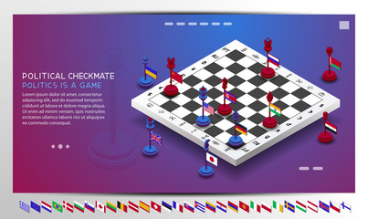 Policy. The policy is presented in the form of chess. The position of checkmate is shown. Chess with flags of different countries. The shapes are moved to create different combinations and positions (