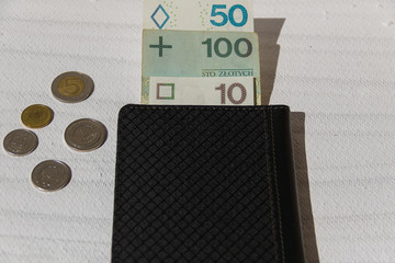 Polish banknotes in a black wallet and coins laying on the white table