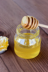 A jar of honey on the table.
