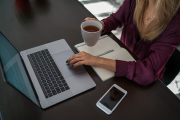 Woman's hands holding cup of beverage and keyboarding text of internet request on netbook computer....