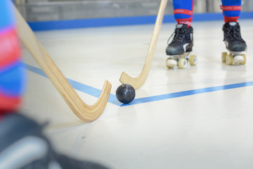 Closeup of roller hockey game