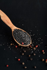 Himalayan black rock salt used in South Asia, the Himalayas, Pakistan with spice peper