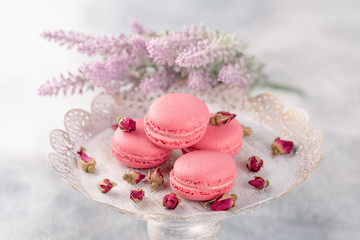 Pink macaroons on a vintage plate and dried flower buds. Pastel colored.