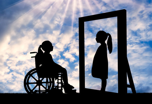 A disabled girl and her healthy reflection in the mirror