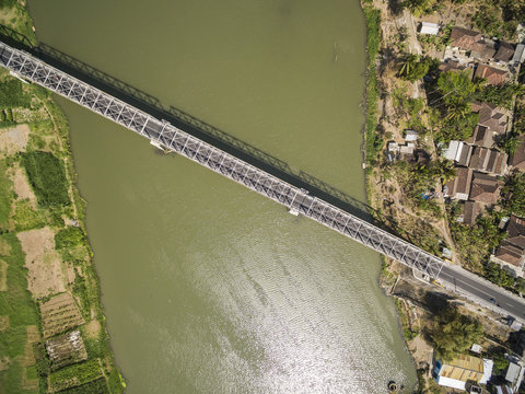 Aerial photo of long bridge in Kretek village, Yogyakarta, Indonesia. Taken 13 August 2018