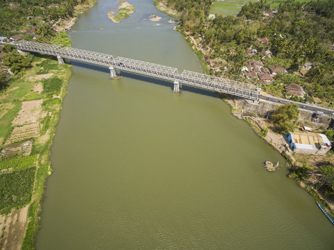 Aerial photo of long bridge in Kretek village, Yogyakarta, Indonesia. Taken 13 August 2018