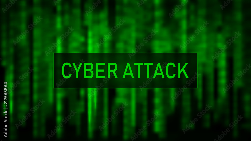 Poster Cyber attack. Hacking. Digital background green matrix. Binary computer code. Vector Illustration. Computer screen error templates.