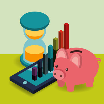 business smartphone hourglass chart piggy bank money vector illustration isometric