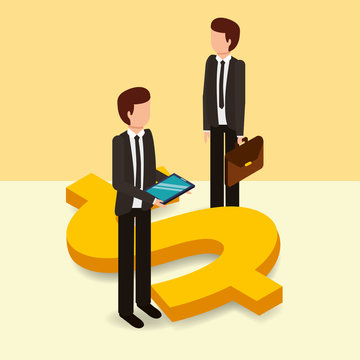 businessmen with briefcase and mobile dollar symbol money vector illustration isometric