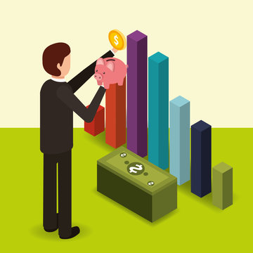 businessman holding piggy and coin banknote chart money vector illustration isometric
